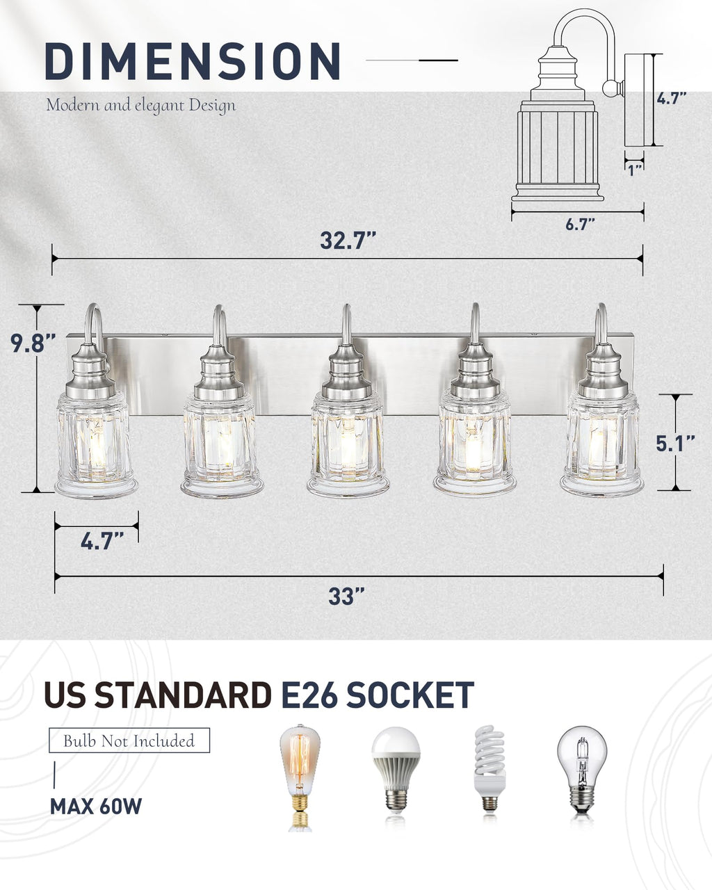 Bathroom Light Fixtures, HWH 5-Light Vanity Light, Modern Brushed Nickel Wall Lighting Over Mirror, Bell-Shaped Striped Glass, 5HZG106B-5W BN