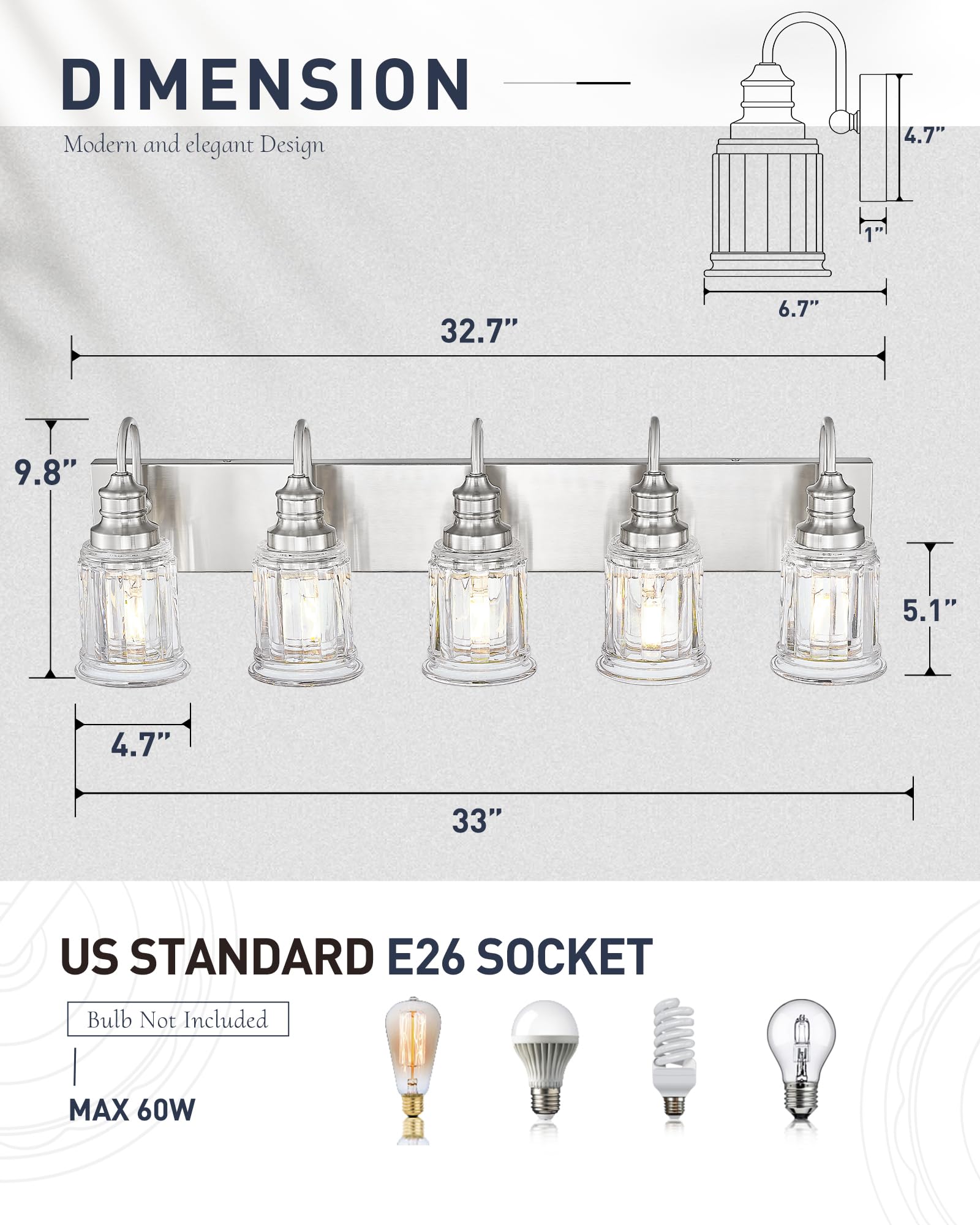 Bathroom Light Fixtures, HWH 5-Light Vanity Light, Modern Brushed Nickel Wall Lighting Over Mirror, Bell-Shaped Striped Glass, 5HZG106B-5W BN