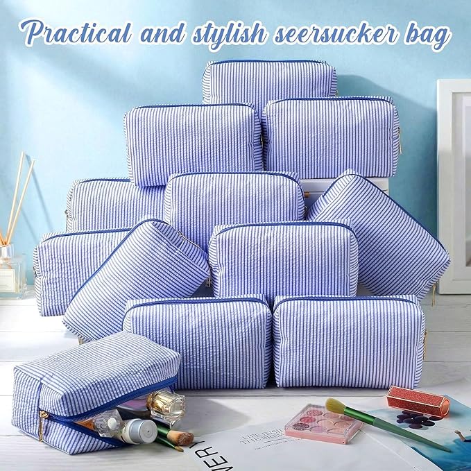 Sanwuta 12 Pcs Seersucker Cosmetic Bags Bulk Seersucker Makeup Bags Stripe Women Pouch Large Preppy Storage Pouch Toiletry Travel for Wedding Bridesmaid Bride Favor Back to Teacher Gift (Blue)
