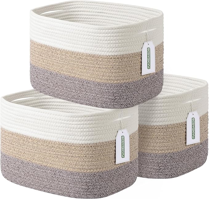Cotton Rope Storage Basket, 15x10x9 Inches, Woven Basket for Shelves, Clothes, Towels, Books, and Laundry, White Brown (3 Pack)