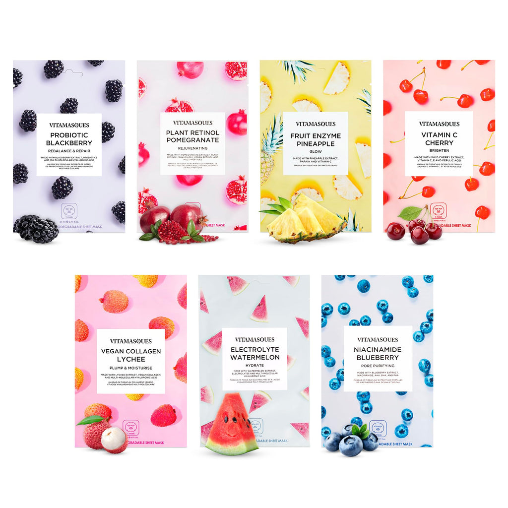 Vitamasques Korean Face Mask Set, 7-Pack Juicy Collection Triple-Layer Sheet Masks for Hydrating, Brightening & Pore Care | Vegan K-Beauty Face Masks Skincare for Radiant Glow