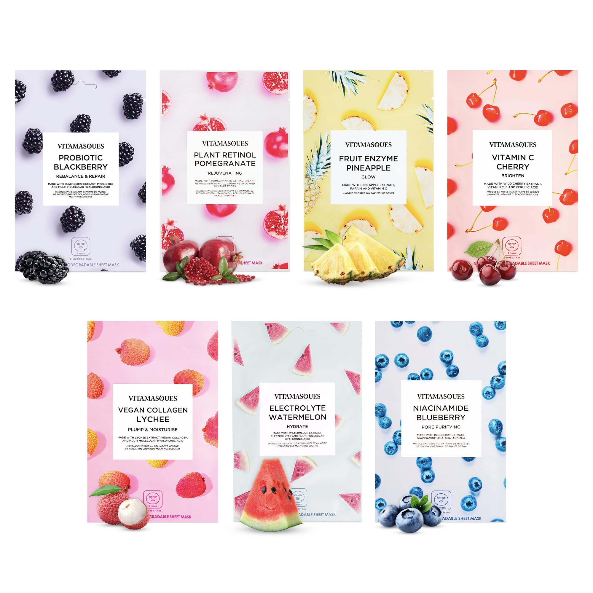 Vitamasques Korean Face Mask Set, 7-Pack Juicy Collection Triple-Layer Sheet Masks for Hydrating, Brightening & Pore Care | Vegan K-Beauty Face Masks Skincare for Radiant Glow