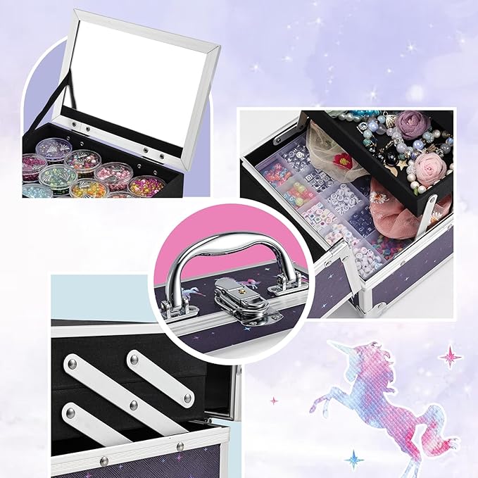Joligrace Makeup Case for Girls Cosmetic Train Case Makeup Storage Box Jewelry Organizer Hair Accessories Lockable with Trays & Mirror Kids Gift Unicorn