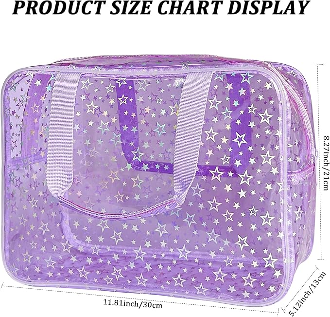 TotePrint Clear Star Large Cosmetic Bag and Travel Pouch with Handle,Durable Material,Zipper Design-Ideal for Makeup,Travel Essentials (Purple+Shiny Star)