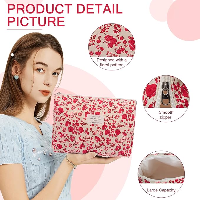 Gosect 2PC Makeup Bag Set, Cute Cosmetic Bag for Women Girls, Floral Coquette Aesthetic Toiletry Bag, Travel Make Up Organizer Bag (Beverly)