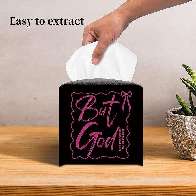 Grace Yonks Cute Tissue Box Cover Square - “But God” Christian Quote in Pink on Black Design 5.2" PU Leather Holder for Vanity, Desk, or Bathroom Counter - Cube Case for Facial Tissues(023)