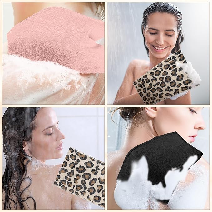 Tatuo 12 Pack Korean Exfoliating Mitt & Cloth, Viscose Rayon Dead Skin Remover Washcloth, Multi Color Body Scrub Towel for Shower Spa Travel(Small,Pink, Black, Print Leopard)