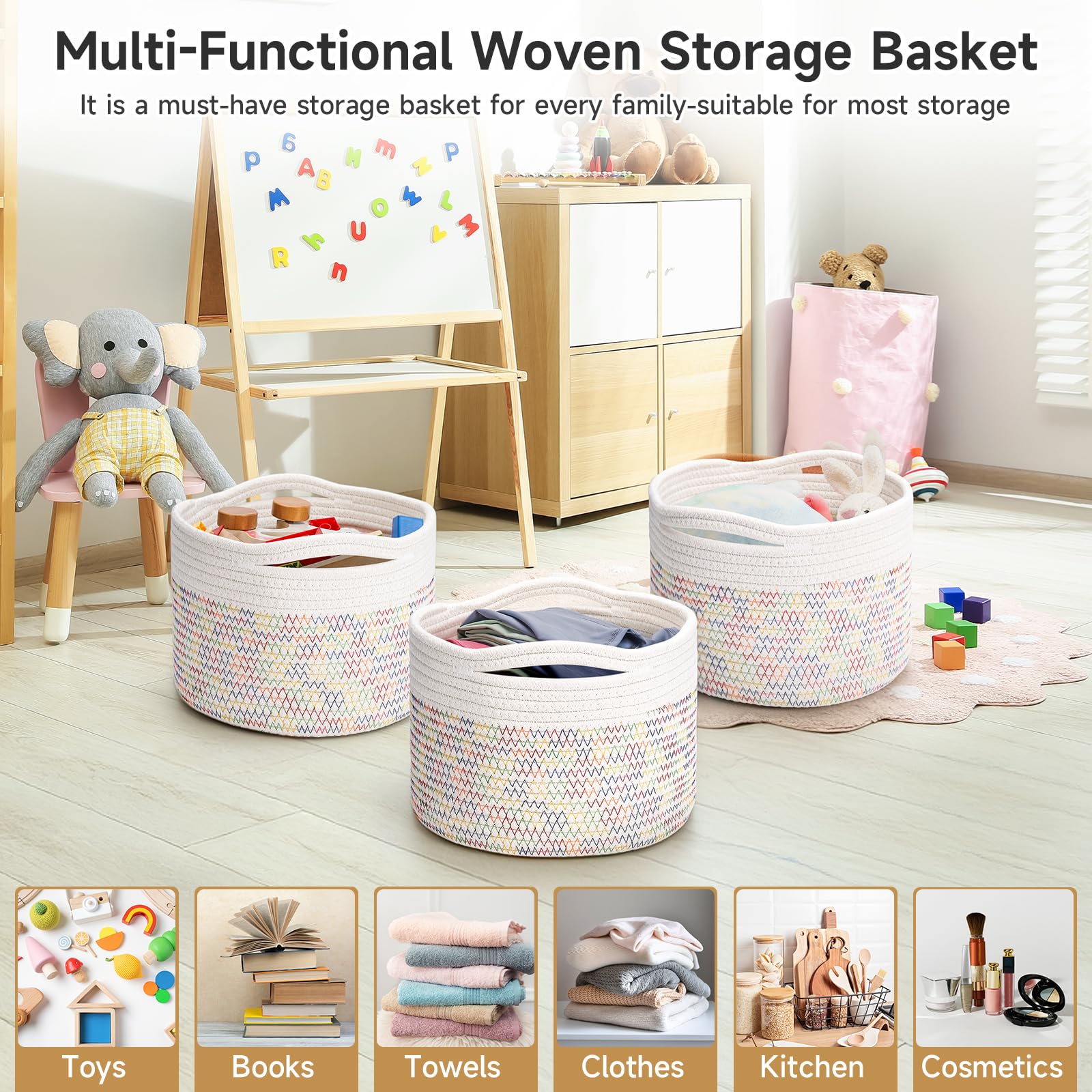 Maxuni 3 Pack Small Rope Storage Baskets, 9.82×9.82×7.1", Rainbow