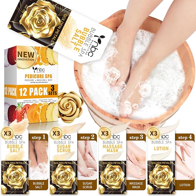 nbc BeautiLab Pedicure Kit Foot Soak Set: Bubble Salt, Sugar Scrub, Massage Mask, Massage Lotion in a Box, 4 Step Foot Spa Kit for Dry Feet,Tired Feet（3 Set Golden petals)