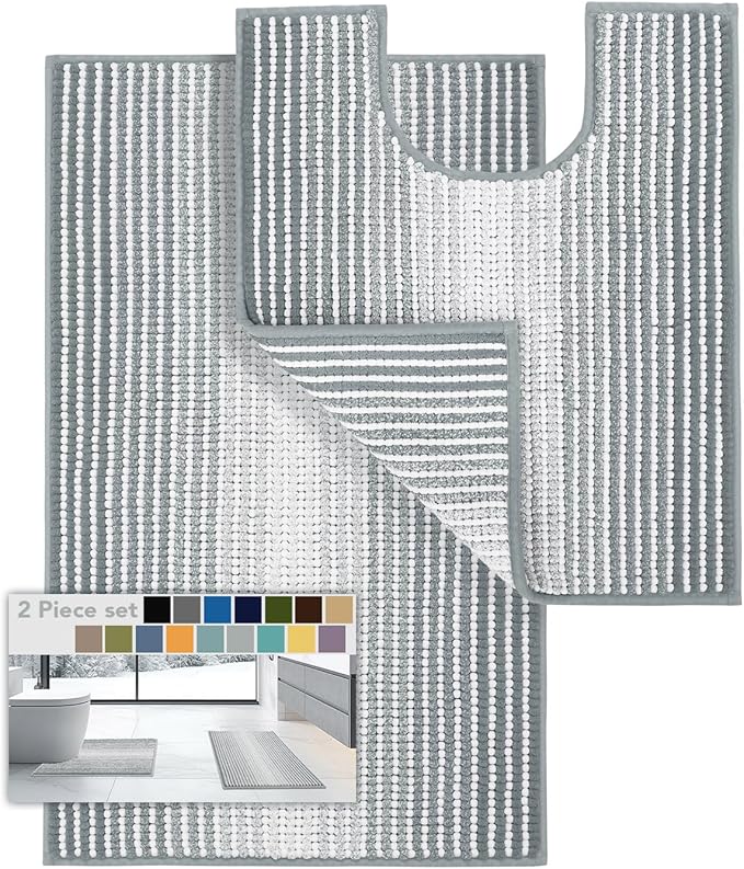 Bathroom Rugs Sets 2 Piece, Toilet Rugs U-Shaped, Contour Bath Mat Rugs Set for Toilet Bathroom, Soft Absorbent Chenille Bath Carpet, Quickly Dry, Washable (Light Gray, 32" x 20" + 24" x 20")