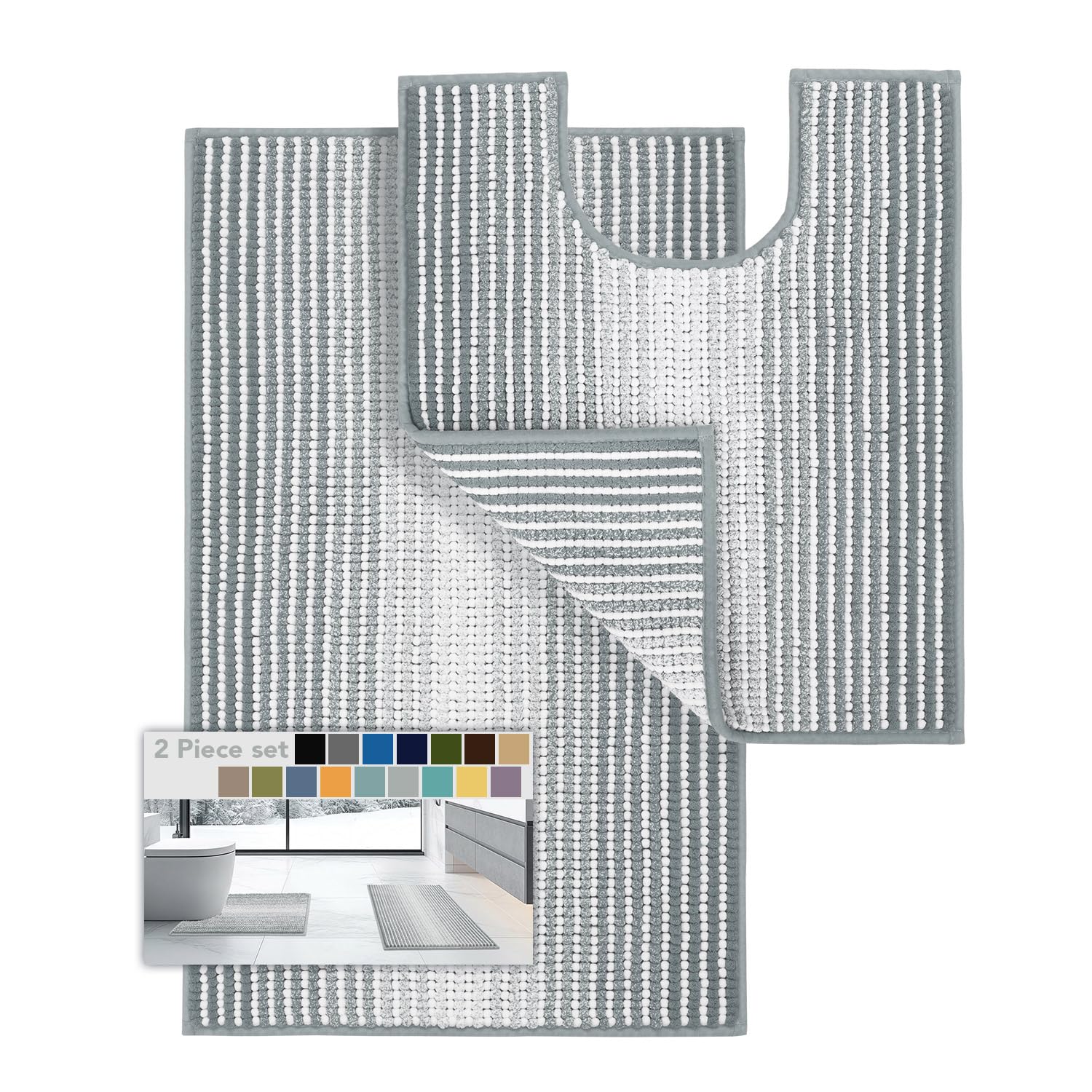 Bathroom Rugs Sets 2 Piece, Toilet Rugs U-Shaped, Contour Bath Mat Rugs Set for Toilet Bathroom, Soft Absorbent Chenille Bath Carpet, Quickly Dry, Washable (Light Gray, 32" x 20" + 24" x 20")