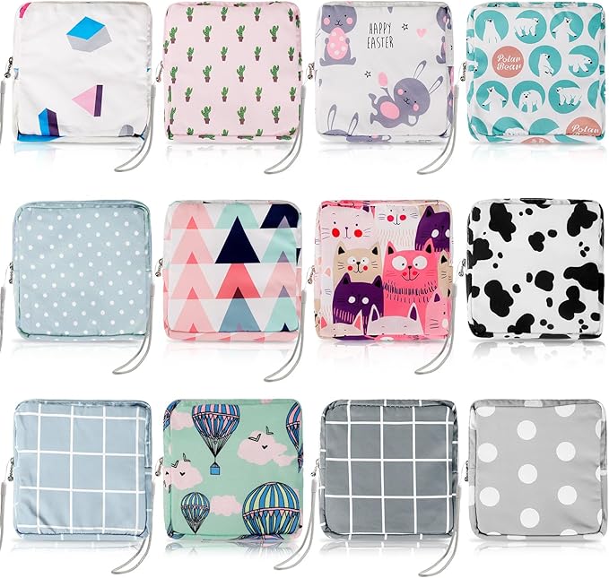 Paterr 12 Pcs Sanitary Napkin Storage Bag Set Including Portable Period Pouch Hand Wrist Strap Lanyard String Holder Tampons Holder Pouch First Period Gift for Teen Girls (Cute Style)