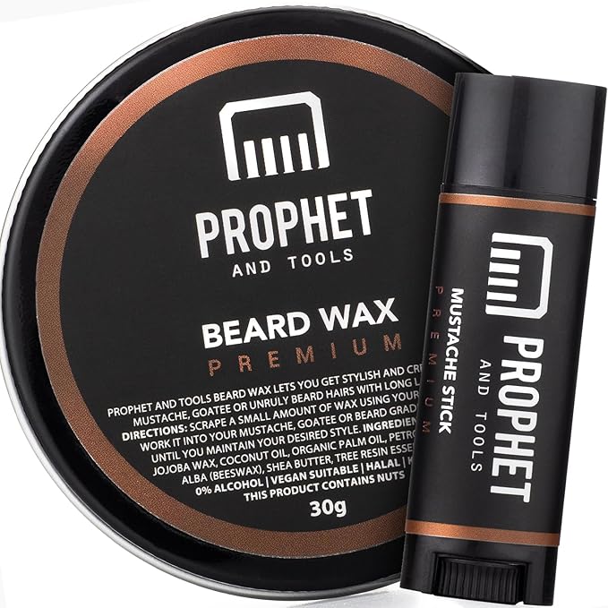 Prophet and Tools Level 3 Strong Hold Beard & Hair Wax - 24-Hour Hold for Shaping & Styling, Easy Wash Out - Includes Mustache Styling Stick