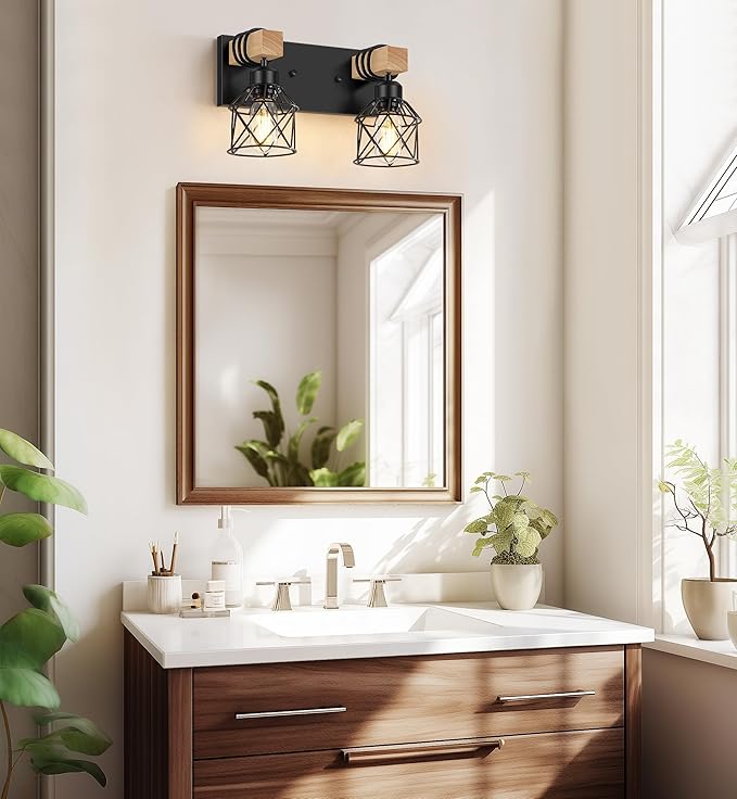 FadimiKoo 2-Light Bathroom Light Fixtures, Farmhouse Wood Vanity Wall Light
