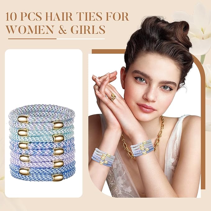 FORENEE Hair Ties No Damage - 10PCS Ponytail Holders - Elastic Hair Ties for Thick Hair - Braided Hair Bands for Women Girls's Hair - Blue Sky