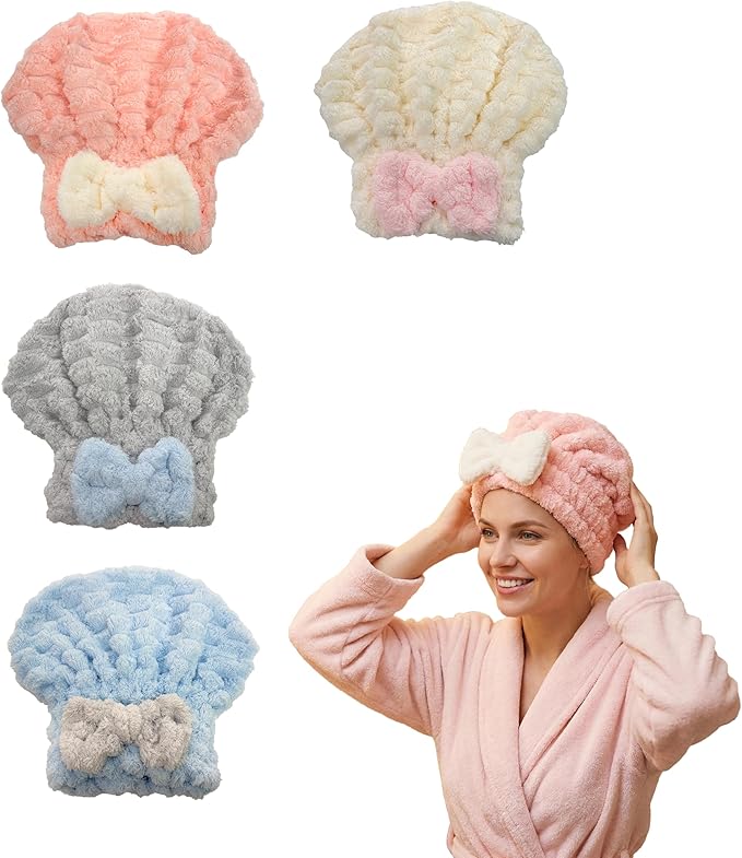 AZSRKRBM 4-Pack Microfiber Hair Towel Cap for Short/Medium Hair, No Twist, No Tug, Soft Absorbent Drying Hat with Bow for Women - Great for Skincare, Makeup, Shower