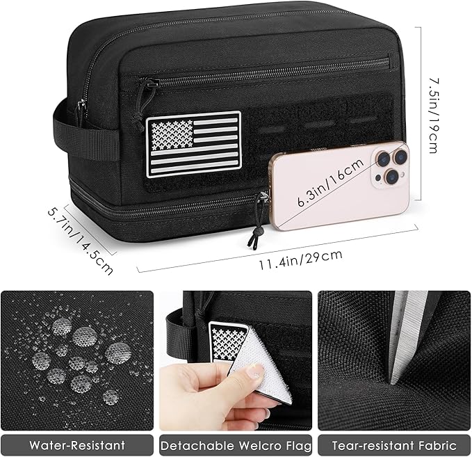 Tactical Toiletry Bag for Men, Travel Hygiene Bag with Double-layer, Large Capacity Hanging Toiletry Bags Water-Resistant Shaving Dopp Kit with EDC Molle Pouches, Bathroom Shower Makeup Bag, Black, L