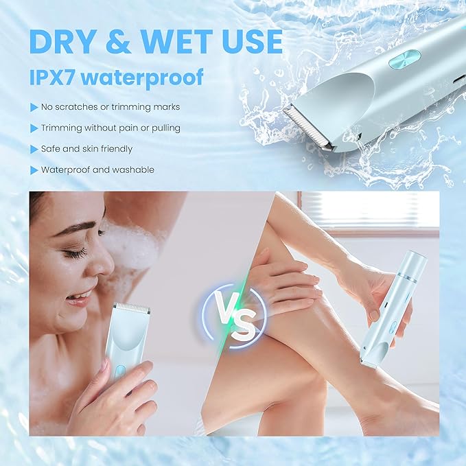 Bikini Trimmer for Women-2 in 1 Dual Head Electric Razors,USB Rechargeable Bikini Electric Shaver,IPX7 Waterproof Dry & Wet Use Body Hair Trimmer and Facial Hair Remover for Underarm Leg Body,Blue