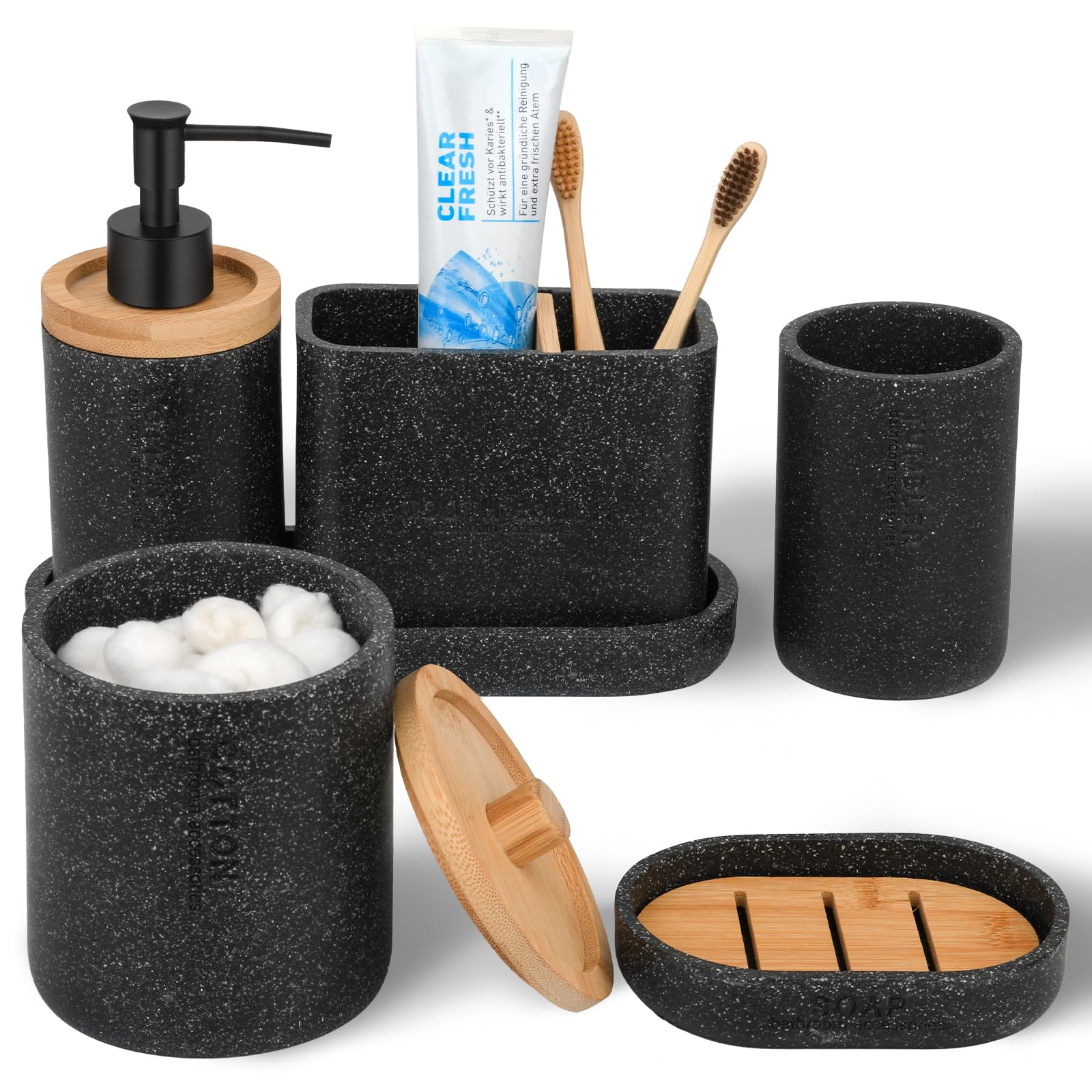 20PC Black Modern Bathroom Accessories Set with Shower Curtain, Toothbrush Holders, Soap Dispenser, Vanity Tray, Cotton Swab Jars, Bathroom Decor Organizer