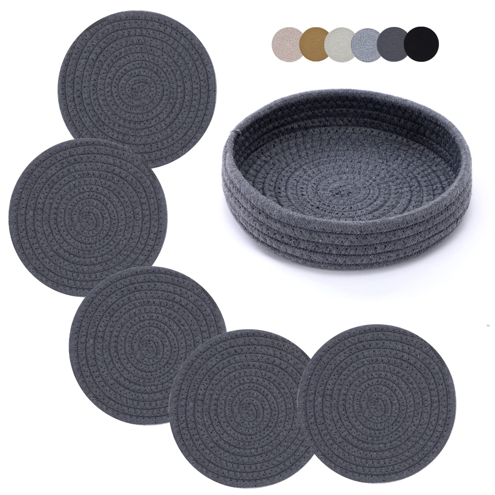 Coga Trivets for Hot Dishes, 5 Pack 7 Inch Cotton Hot Pads for Kitchen with Storage Basket, Round Pot Holders for Kitchen, Heat Resistant Mats for Countertop, Pots and Pans, Farmhouse Decor, Grey