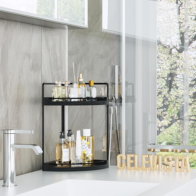 CeleVista Corner Bathroom Counter Organizer, 2 Tier Wood Vanity Storage, Waterproof Skincare Shelf for Kitchen & Toiletries Decor, Dresser (Black-2 Tier)