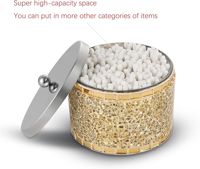 Bathroom Jars q tip holder, Gold Mosaic Glass Cotton Swab Holder, Cosmetics Makeup Accessories Storage for Makeup Sponge Bath Salts Storage Christmas Birthday
