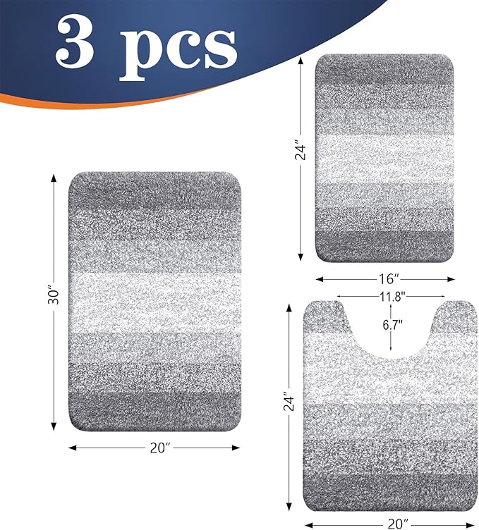 OLANLY Microfiber Bathroom Rugs Sets 3 Piece, 30"x20"+24"x16"+24"x20"
