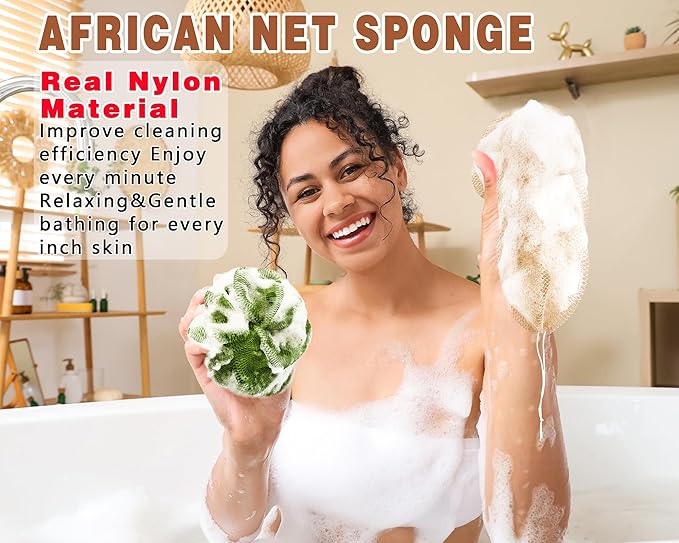 2 Pack African Net Sponge Exfoliating Body Scrubber Bath Sponge for Daily Use (Champange+Olive Green)