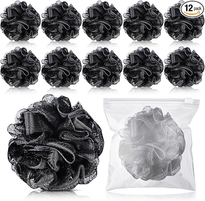 Funnymoom 12 Pcs Travel Size Loofah Individually Wrapped, Small Shower Puff Bath Sponge Pouf Ball Bulk Mesh Bath Puff Mini Loofah Sponge with Case Bulk for Shower Care (25g,Black)