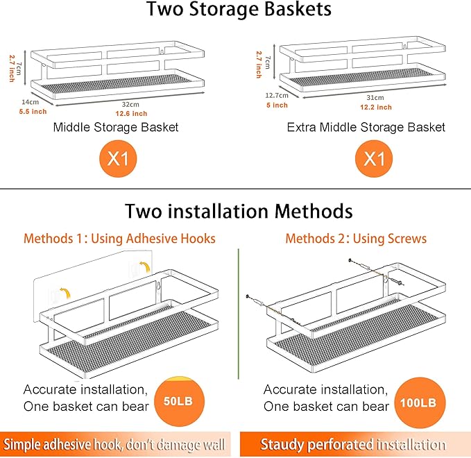 PUSDON 2-Pack Minimalist Shower Caddy Wall Mount, Open Frame Bathroom Shelf Organizer with Mesh Base, Rustproof Floating Spice Rack for Kitchen, Holds 50 LBS, 4 Hooks - Matte Black, Guardrail