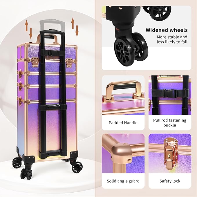 JINGUAN Professional Rolling Makeup Train Case with Lid, 5 in 1 Cosmetology Case on Wheels, Large Cosmetic Trolley Organizer Travel for Hairstylist Artist Nail Beauty Salon Barber, Colorful