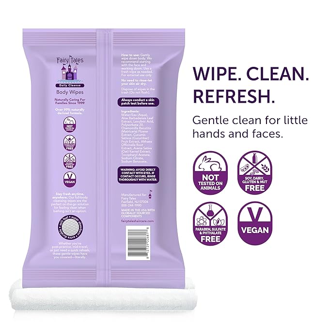 Fairy Tales Daily Cleanse XL Wipes for Kids – Extra Large Body Wipes, Gentle Disposable Washcloths, Unscented, Alcohol Free Cleansing Cloths – 5 pk (100ct total)