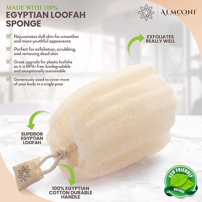 Almooni Egyptian Loofah Exfoliating Body Scrubber, Natural Real Egyptian Shower Loofah Sponge Body Scrubber for Women and Men, for Body and Face that Will Get You Clean - 3 Count (1 Pack)