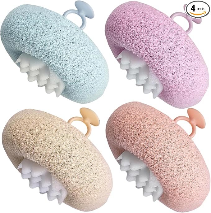 4Pcs Bath Sponge Shower Loofah, Exfoliating Body Scrubber, Upgrade Large 2-in-1 Sunflower Bath Ball with Suction Cup Non-Slip Handle, Bath Sponges for Men Women(Blue&Purple&Pink&Beige)