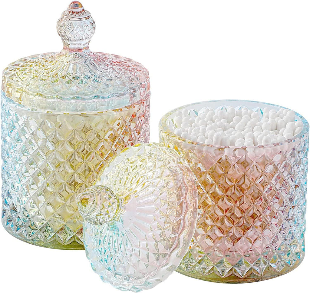 rejomiik 2 Pack Qtip Holder Apothecary Jars with Lid, Thick Glass, Rainbow
