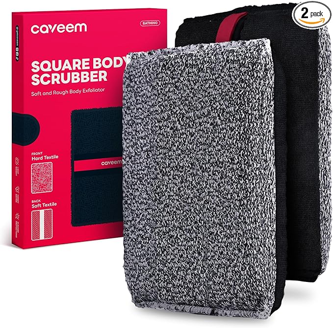 Exfoliating Body Scrubber, Large Bath and Body Scrub Buffer, Dual Texture Body Exfoliator for Remove Dead Skin, Soft and Rough Lightweight Square Sponge for Shower (2 Pack)