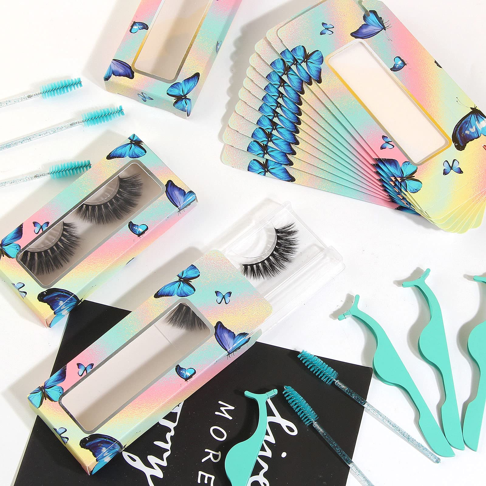 175 Pieces Lash Packaging Wholesale, Include 30 Empty Eyelashes Packaging Box, 30 False Lash Trays, 15 Eyelash Tweezers and 100 Eyelash Brush Mascara Wands Disposable (Green)