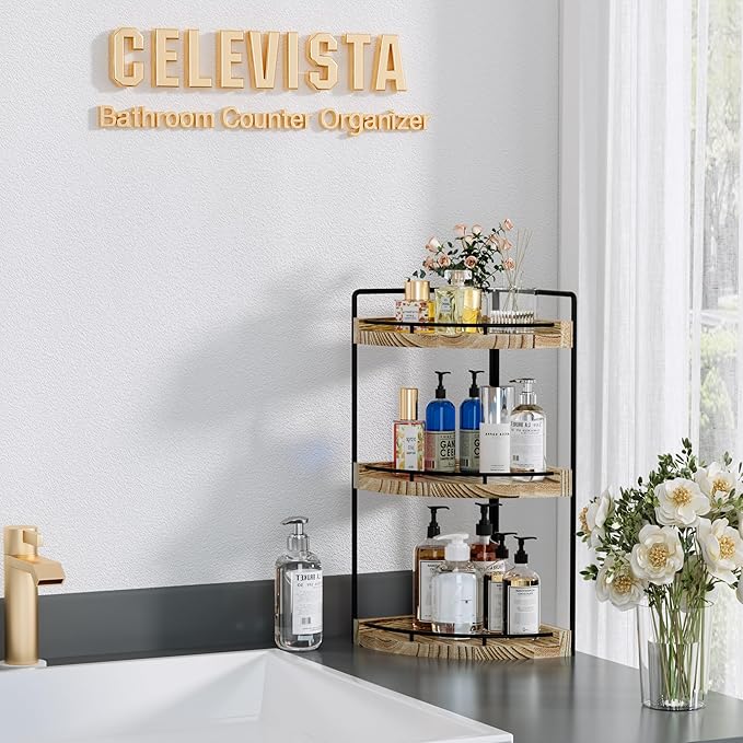 CeleVista Corner Bathroom Counter Organizer, 3 Tier Bathroom Storage Countertop for Skincare, Sink Shelf for Kitchen Decor, Vanity, Dresser, Makeup, Gift(Rustic Brown)