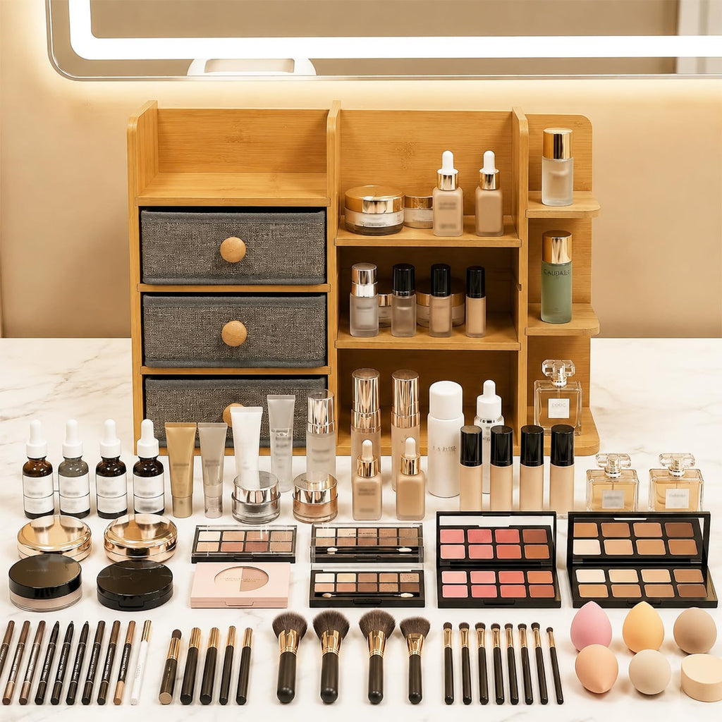 Large Makeup Organizer For Vanity, Large Capacity 3 Tiers Bamboo Bathroom Counter Organizers and Storage, Countertop Makeup Brush Holder, Nail Polish Perfume Stand with 3 Drawers and 10 Compartments