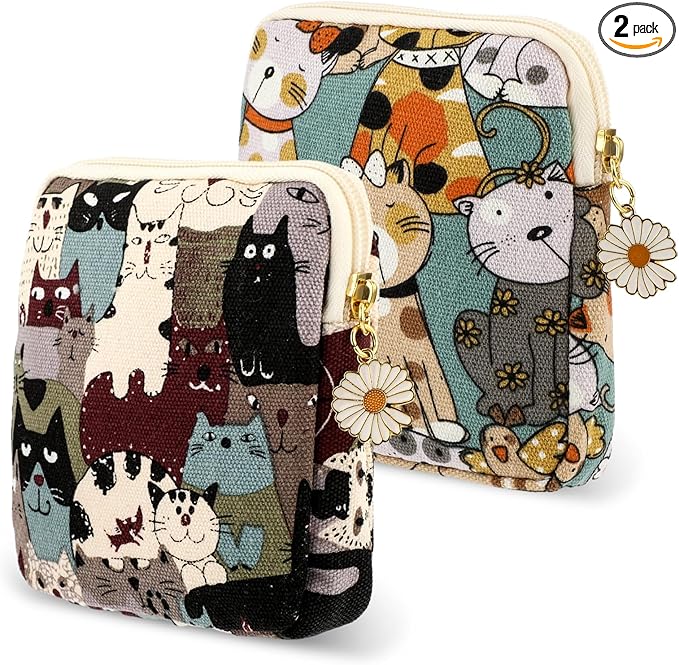 Amabro Sanitary Napkin Storage Bag, 2PCS Period Bags Cute Sanitary Pad Storage Pouch Tampon Pantyliners Menstrual Purse Daisy Zipper for Women Teen Girls School Travel Feminine Product(Cat)