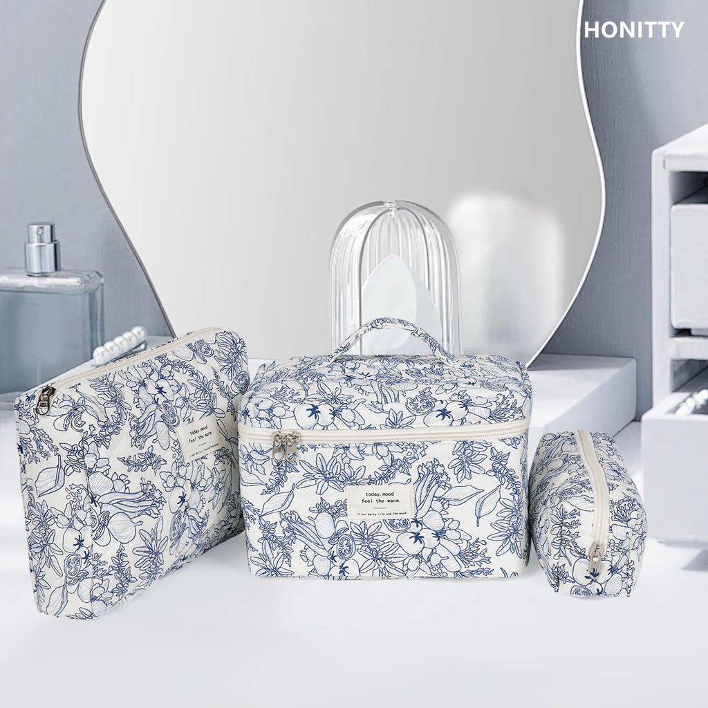 honitty Makeup Bag,Quilted Cosmetic Bags,Large Floral Make Up Organize bag,Makeup Bag Set for Women,Flower Travel Toiletry Bag