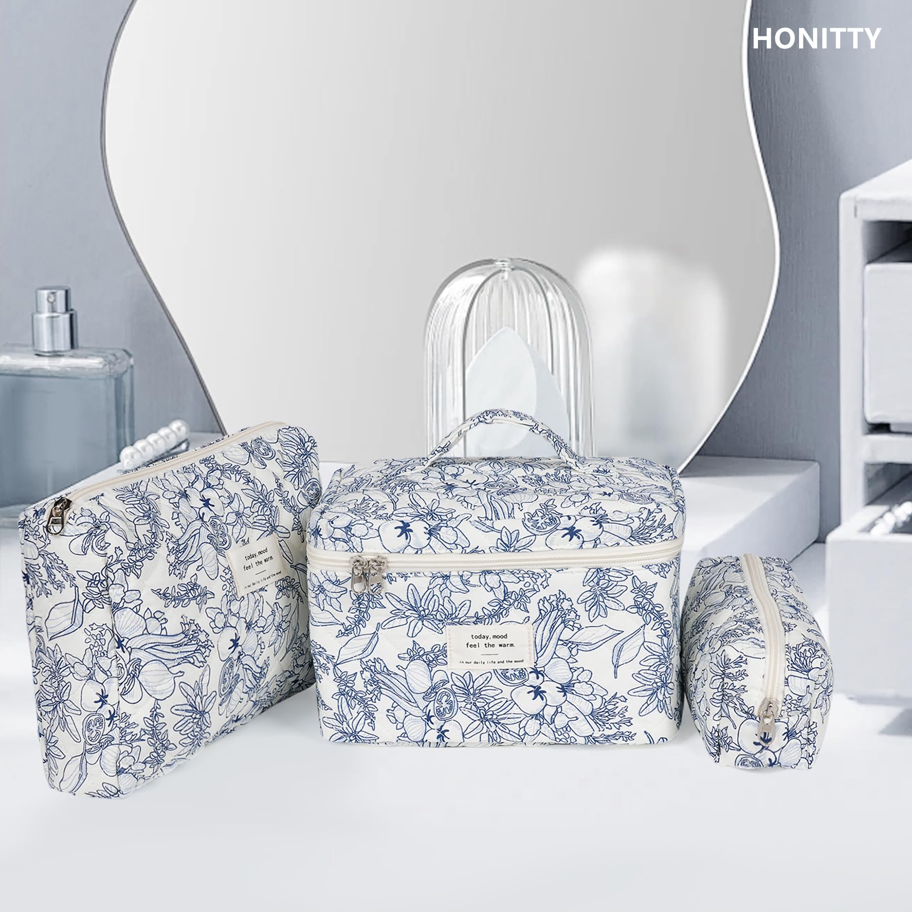 honitty Makeup Bag,Quilted Cosmetic Bags,Large Floral Make Up Organize bag,Makeup Bag Set for Women,Flower Travel Toiletry Bag