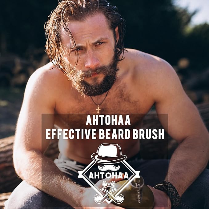 AHTOHAA Professional Men's Beard Brush with Boar Bristles - Small Sized Travel Wooden Mustache Brush for Daily Grooming & Styling (Hat)