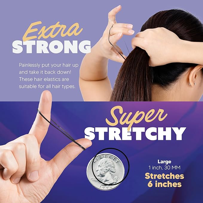 Hair Elastics - Ouchless No Damage Elastic Hair Bands (Black - Large)