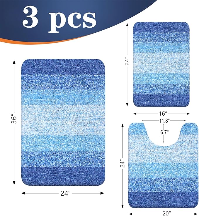 OLANLY Microfiber Bathroom Rugs Sets 3 Piece, 36"x24"+24"x16"+24"x20"