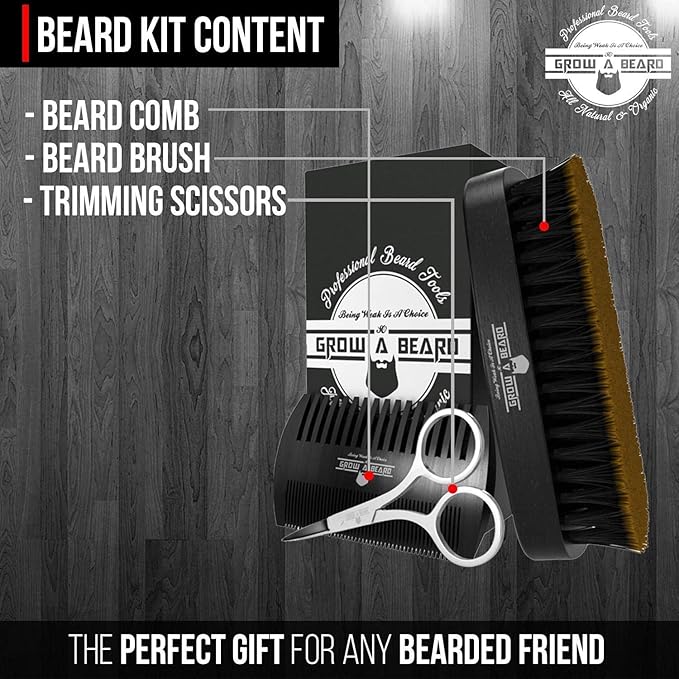 Beard Brush for Men with Beard & Mustache Comb Set, Beard Grooming & Care Kit, Natural Boar Bristle Brush, Dual Action Wood Comb, Stainless Steel Scissors, and Travel Bag, Great Fathers Day