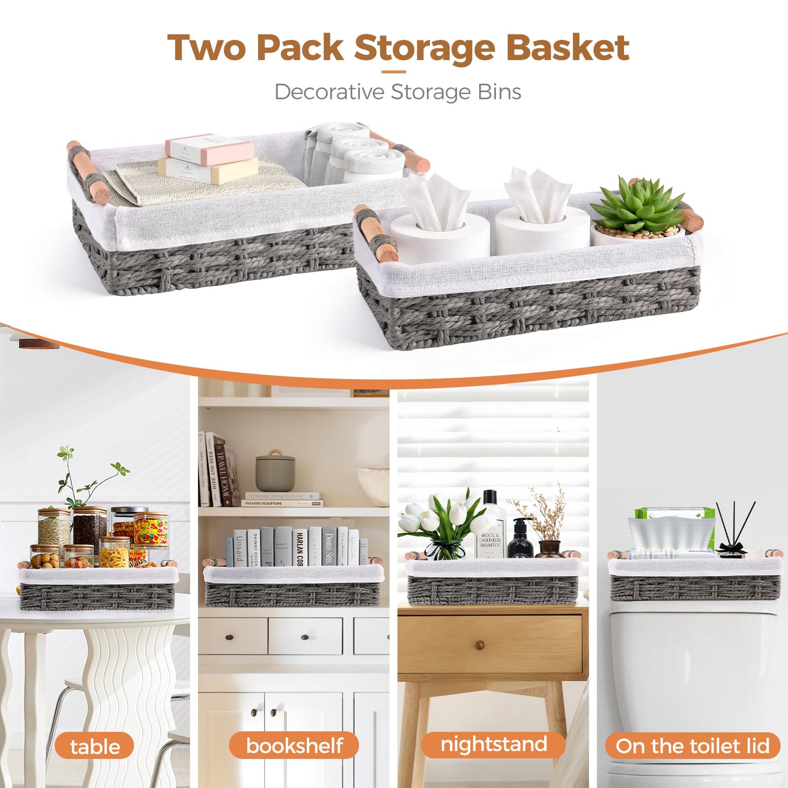 HomeHacks 2 Pack Storage Basket Paper Rope Baskets for Organizing with Handle Decorative Storage Bins for Countertop Toilet Paper Basket for Toilet Tank Top Small Baskets, Grey