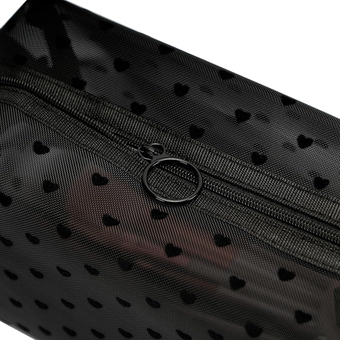 TOPASION Portable Mesh Makeup Bag with Zipper Small Travel Toiletry Bag Lightweight Cosmetic Pouch (Black&Black Heart with Handle)
