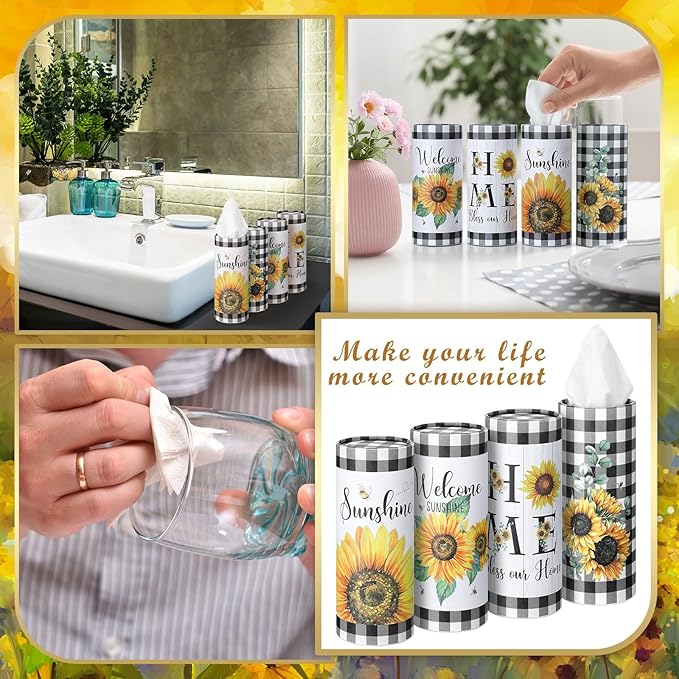 Fourluoo 12 Pack Sunflower Tissue Boxes for Car Cylinder Bulk Black White Plaid Flower Round Cylinder Holder with 3 Ply Facial Tissues for Spring Summer Travel Bathroom Office Decoration