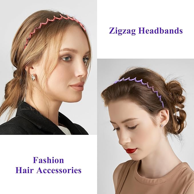 5 Pcs Plastic Zigzag Headbands for Women - Hair Bands for Women Hair Accessories, Non Slip Wave Shape, Purple, Red, Brown, Green, Blue